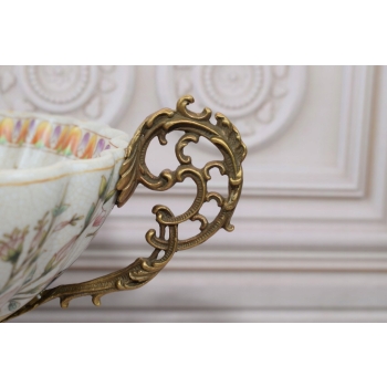 Biała Porcelanowa Patera - Kolorowe Kwiaty - Ptaki - Porcelana + Brąz