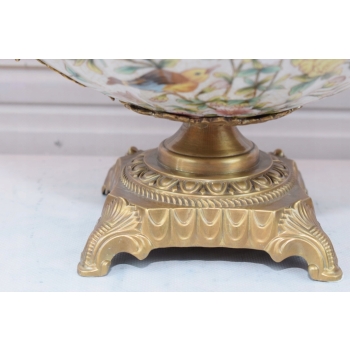 Biała Porcelanowa Patera - Kolorowe Kwiaty - Ptaki - Porcelana + Brąz
