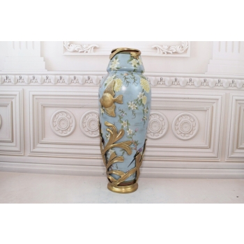 Niebieski Muzealny Wazon Waza Amfora - Porcelana + Brąz - Ryby Kwiaty