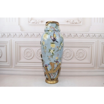 Niebieski Muzealny Wazon Waza Amfora - Porcelana + Brąz - Ryby Kwiaty