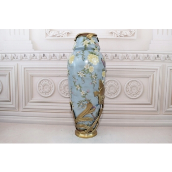 Niebieski Muzealny Wazon Waza Amfora - Porcelana + Brąz - Ryby Kwiaty