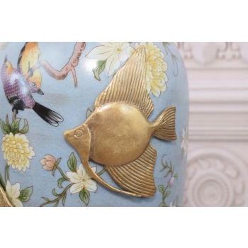 Niebieski Muzealny Wazon Waza Amfora - Porcelana + Brąz - Ryby Kwiaty