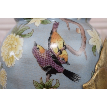 Niebieski Muzealny Wazon Waza Amfora - Porcelana + Brąz - Ryby Kwiaty