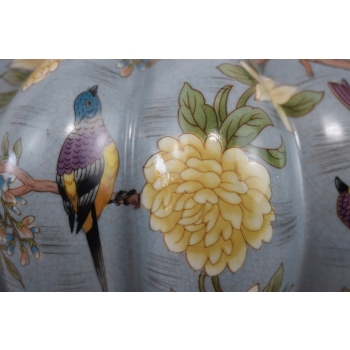 Niebieski Wazon Waza Amfora - Porcelana + Brąz - Papugi - Dekoracja