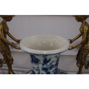 Porcelanowy Wazon Amfora - Niebieski - Dwie Kobiety Nimfy Porcelana + Brąz