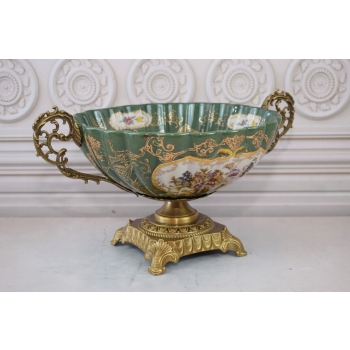 Zielona Porcelanowa Patera - Porcelana + Brąz - Kolorowe Kwiaty - Ozdoba