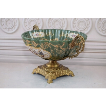 Zielona Porcelanowa Patera - Porcelana + Brąz - Kolorowe Kwiaty - Ozdoba