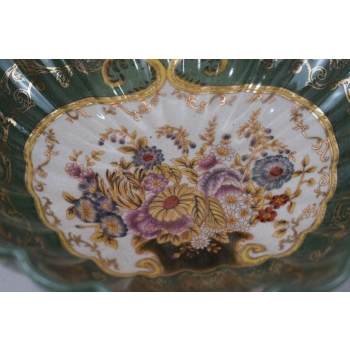 Zielona Porcelanowa Patera - Porcelana + Brąz - Kolorowe Kwiaty - Ozdoba