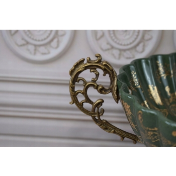 Zielona Porcelanowa Patera - Porcelana + Brąz - Kolorowe Kwiaty - Ozdoba