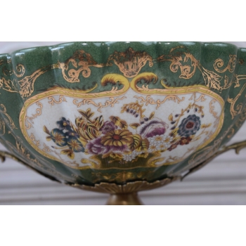 Zielona Porcelanowa Patera - Porcelana + Brąz - Kolorowe Kwiaty - Ozdoba