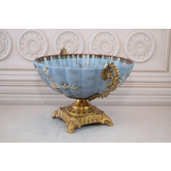 Niebieska Porcelanowa Patera - Porcelana + Brąz - Kolorowe Kwiaty - Ozdoba
