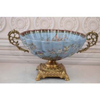 Niebieska Porcelanowa Patera - Porcelana + Brąz - Kolorowe Kwiaty - Ozdoba