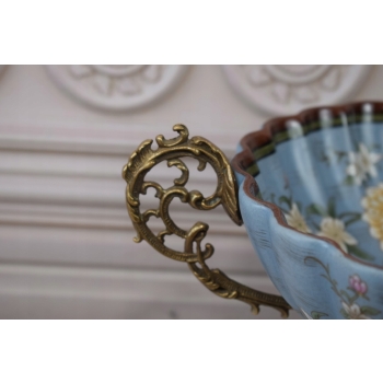 Niebieska Porcelanowa Patera - Porcelana + Brąz - Kolorowe Kwiaty - Ozdoba