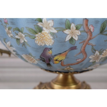 Niebieska Porcelanowa Patera - Porcelana + Brąz - Kolorowe Kwiaty - Ozdoba