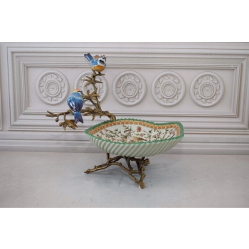 Zielona Porcelanowa Patera - Ptaki na Gałęzi - Porcelana + Brąz - Ozdoba
