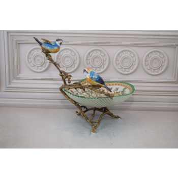 Zielona Porcelanowa Patera - Ptaki na Gałęzi - Porcelana + Brąz - Ozdoba