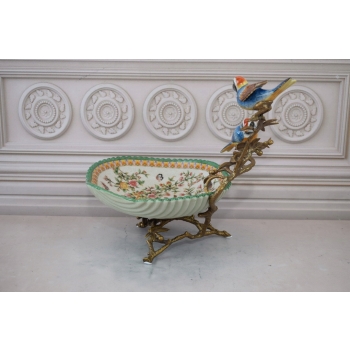 Zielona Porcelanowa Patera - Ptaki na Gałęzi - Porcelana + Brąz - Ozdoba