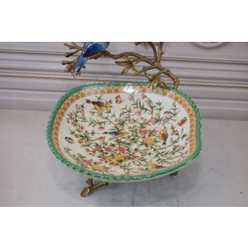 Zielona Porcelanowa Patera - Ptaki na Gałęzi - Porcelana + Brąz - Ozdoba