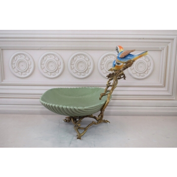 Zielona Porcelanowa Patera - Ptaki na Gałęzi - Porcelana + Brąz - Ozdoba