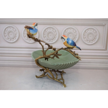 Zielona Porcelanowa Patera - Ptaki na Gałęzi - Porcelana + Brąz - Ozdoba
