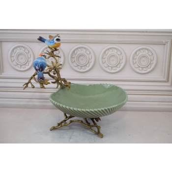 Zielona Porcelanowa Patera - Ptaki na Gałęzi - Porcelana + Brąz - Ozdoba
