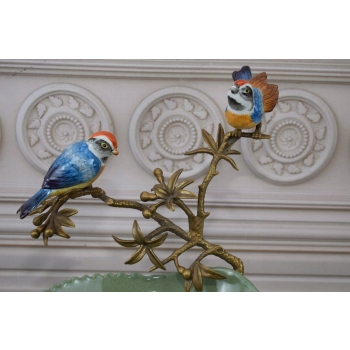 Zielona Porcelanowa Patera - Ptaki na Gałęzi - Porcelana + Brąz - Ozdoba