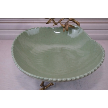 Zielona Porcelanowa Patera - Ptaki na Gałęzi - Porcelana + Brąz - Ozdoba