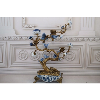 Świecznik z brązu + porcelana - Ptaki na Gałęzi - Kwiaty - Dekoracja