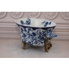 Niebieska Porcelanowa Patera - Ptaki i Kwiaty - Porcelana + Brąz - Ozdoba