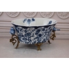 Niebieska Porcelanowa Patera - Ptaki i Kwiaty - Porcelana + Brąz - Ozdoba