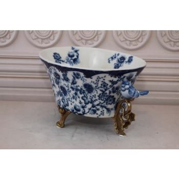 Niebieska Porcelanowa Patera - Ptaki i Kwiaty - Porcelana + Brąz - Ozdoba
