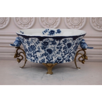Niebieska Porcelanowa Patera - Ptaki i Kwiaty - Porcelana + Brąz - Ozdoba