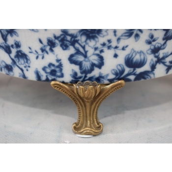 Niebieska Porcelanowa Patera - Ptaki i Kwiaty - Porcelana + Brąz - Ozdoba