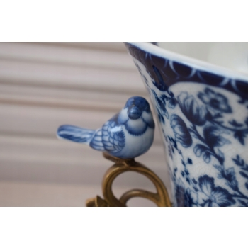 Niebieska Porcelanowa Patera - Ptaki i Kwiaty - Porcelana + Brąz - Ozdoba