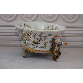 Biała Porcelanowa Patera - Ptaki i Kwiaty - Porcelana + Brąz - Ozdoba