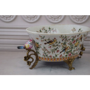 Biała Porcelanowa Patera - Ptaki i Kwiaty - Porcelana + Brąz - Ozdoba