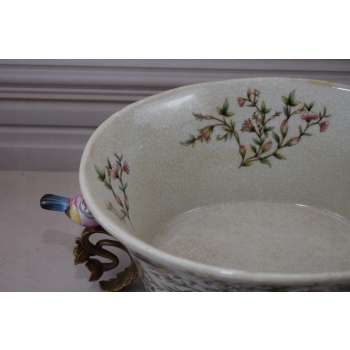 Biała Porcelanowa Patera - Ptaki i Kwiaty - Porcelana + Brąz - Ozdoba