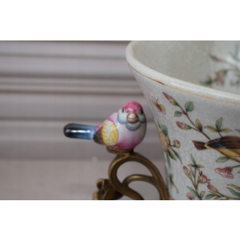 Biała Porcelanowa Patera - Ptaki i Kwiaty - Porcelana + Brąz - Ozdoba