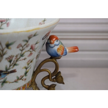 Biała Porcelanowa Patera - Ptaki i Kwiaty - Porcelana + Brąz - Ozdoba