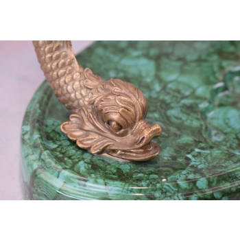 Okrągłe Lustro z Brązu + Malachit - Motyw Ryb - Obracane - Secesja