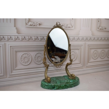 Okrągłe Lustro z Brązu + Malachit - Motyw Ryb - Obracane - Secesja