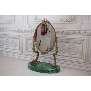 Okrągłe Lustro z Brązu + Malachit - Motyw Ryb - Obracane - Secesja