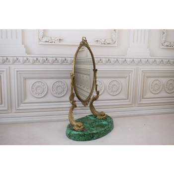 Okrągłe Lustro z Brązu + Malachit - Motyw Ryb - Obracane - Secesja