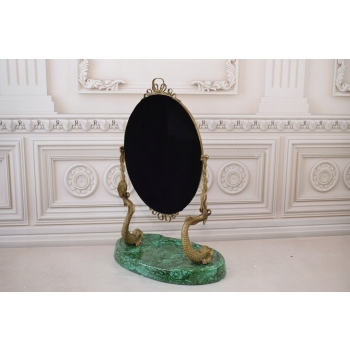 Okrągłe Lustro z Brązu + Malachit - Motyw Ryb - Obracane - Secesja