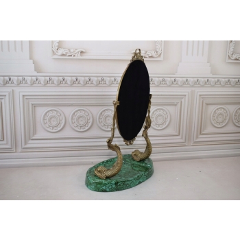 Okrągłe Lustro z Brązu + Malachit - Motyw Ryb - Obracane - Secesja