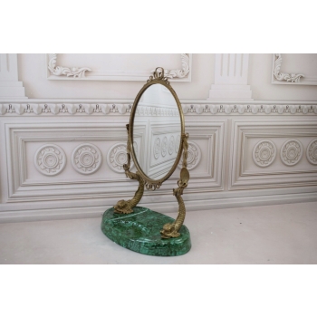 Okrągłe Lustro z Brązu + Malachit - Motyw Ryb - Obracane - Secesja