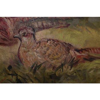 J. Fałat - Dwa Bażanty Kuropatwy - Las Natura - Stary Obraz Olejny