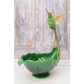 Porcelanowa Patera Okuta Brązem - Koliber - Szmaragd Sygnowana