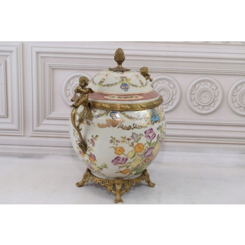 Biała Waza - Amfora Wazon - Porcelana + Brąz - Kwiaty Anioły - Sygn