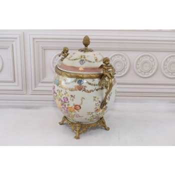 Biała Waza - Amfora Wazon - Porcelana + Brąz - Kwiaty Anioły - Sygn